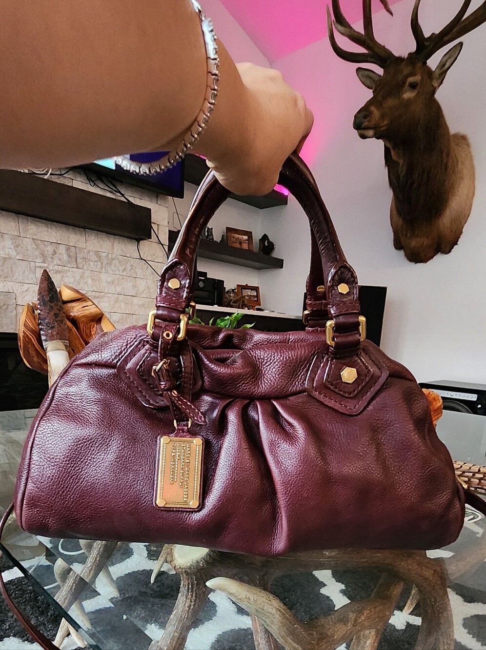 Marc Jacobs Plum Leather Satchel with Gold Hardware